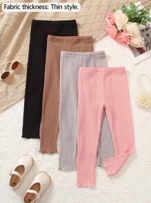 4pcs Young Girl Solid Color Knitted Rib Leggings, Casual And Lightweight Pants