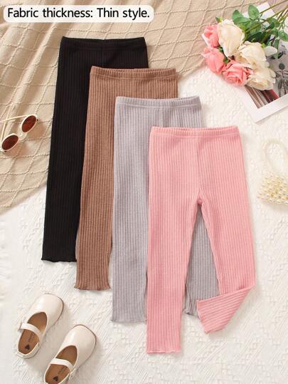 4pcs Young Girl Solid Color Knitted Rib Leggings, Casual And Lightweight Pants