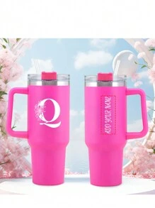 1 pezzo Borraccia personalizzata in acciaio inossidabile da 40 once con stampa di lettere dall'A alla Z, con cannuccia e coperchio, tazza da viaggio portatile per latte e caffè, regalo per vacanze, damigella d'onore, sposa, per famiglia e amici - Fucsia - Visualizzare 7