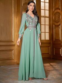 Women's Floral Embroidery Patchwork Ribbon Arabic Dress - Mint Green - View 6