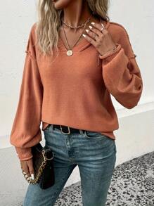 Casual And Simple Solid Color Ladies V-Neck Long-Sleeved Sweater Autumn & Winter For Work And Party - Rỉ Nâu - Xem 2
