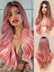 时尚棕色渐变粉色长卷发，26 英寸中卷合成编织假发女士假发度假旅行家庭聚会角色扮演日常佩戴 - 漸層粉紅色 - 查看 3