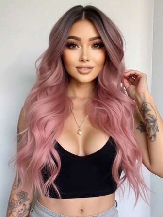 Stylish Brown Gradient Pink Long Curly Hair, 26-Inch Mid-Roll Synthetic Woven Wig Women's Wig Vacation Travel Family Party Role Play Everyday Wear