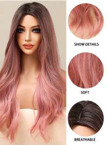 时尚棕色渐变粉色长卷发，26 英寸中卷合成编织假发女士假发度假旅行家庭聚会角色扮演日常佩戴 - 漸層粉紅色 - 查看 8