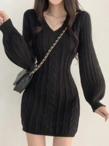 V-Neck Vintage Cable-Knit Fitted Bodycon Mini Skirt Sweater Dress, Autumn/Winter - Black - View 3