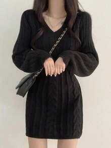 V-Neck Vintage Cable-Knit Fitted Bodycon Mini Skirt Sweater Dress, Autumn/Winter - Black - View 4