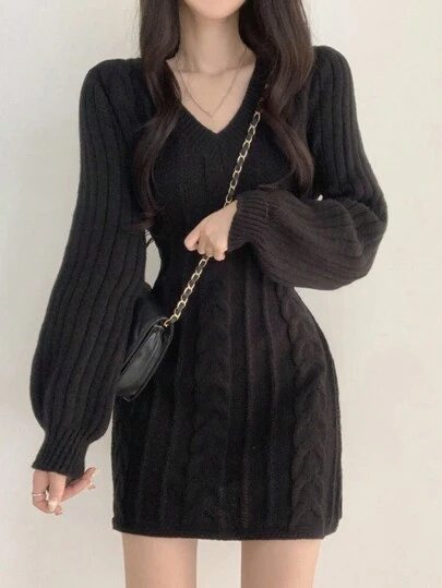 V 领复古麻花针织修身紧身迷你裙毛衣连衣裙，秋冬
