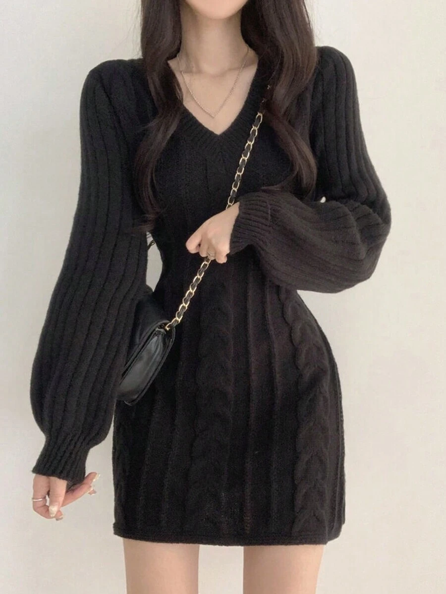 V-Neck Vintage Cable-Knit Fitted Bodycon Mini Skirt Sweater Dress, Autumn/Winter - Black - View 1