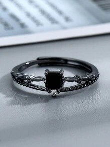 1pc Fashionable Love And Deep Space Soulmate Ring With Embedded Black Square Cubic Zirconia, Elegant, Unique Small Batch Design, Suitable For Everyday Wear, Black Color For Valentine's Day Gift - Black Gemstone Ring - View 3