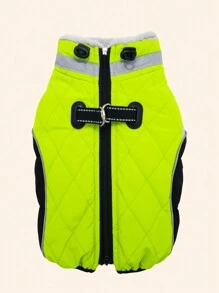 1pc Zippered Colorblock Cotton Padded Pet Coat With Elastic Drawstring, Reflective Trim Collar, Warm Lining, Down Jacket For Cats And Dogs - Green - View 8