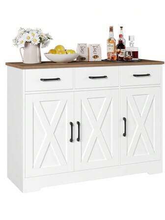 Dressoir, keukenkast met 3 laden en 3 deuren voor keuken, buffetkast met werkblad, voor eetkamer, woonkamer, hout, wit & bruin