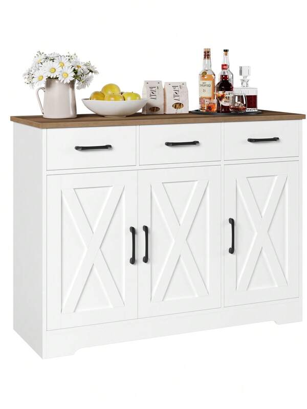 Sideboard, Küchenschrank mit 3 Schubladen und 3 Türen für Küche, Buffetschrank mit Arbeitsplatte, für Esszimmer, Wohnzimmer, Holz, Weiß & Braun