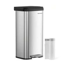 SONGMICS Kitchen Bin, 68L Rubbish Bin, Metal Waste Pedal Bin With Lid, Tall And Large, , Silver And Black