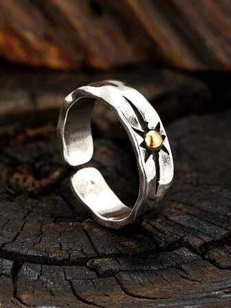 Vintage Sunburst Star Design Ring, Retro Unique Open Band Ring For Men