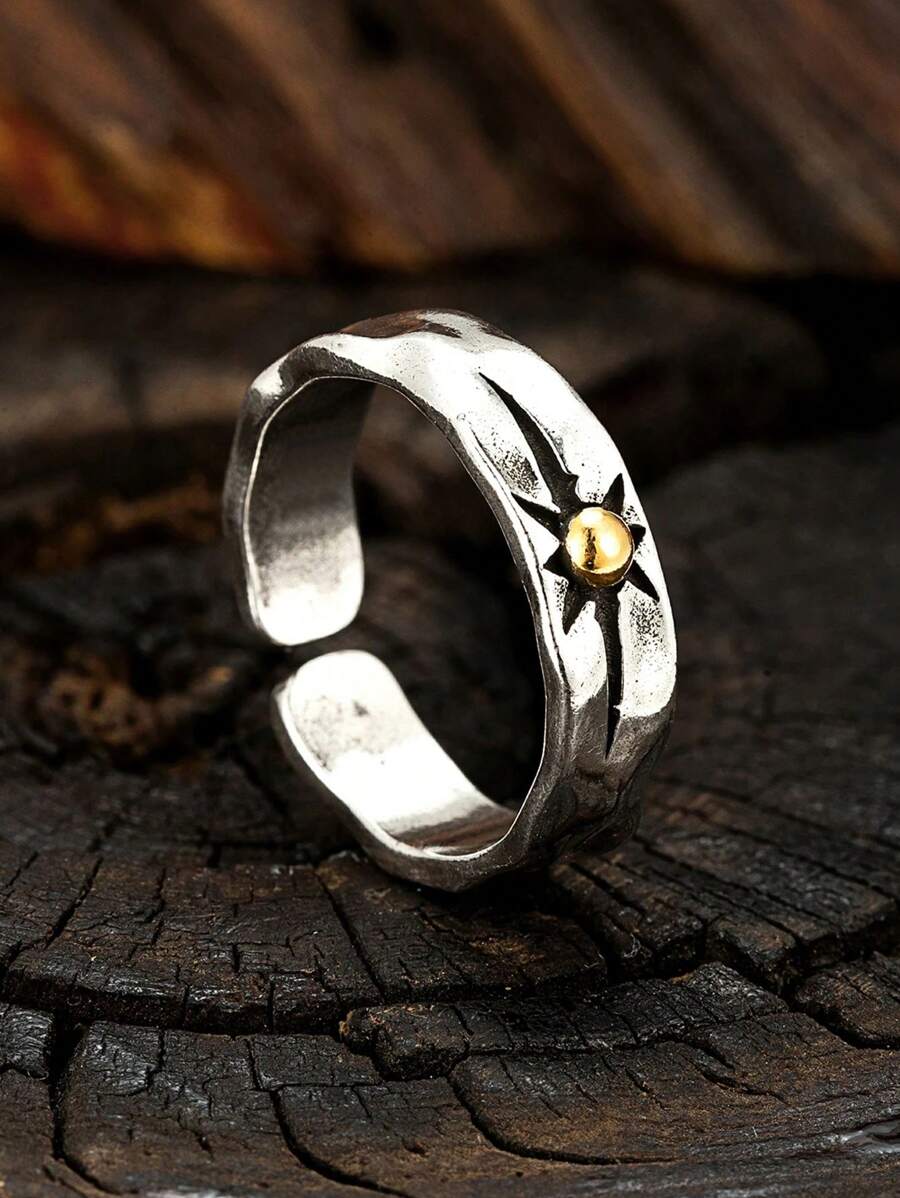 Retro Sunburst Star Design Adjustable Open Ring, Vintage Ring - Silver - View 1