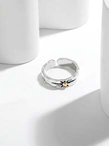 Retro Sunburst Star Design Adjustable Open Ring, Vintage Ring - Silver - View 3