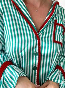 Womens Striped Christmas Pajama Set Satin Tie Up Knot Puff Long Sleeve Button-Up V-Neck Cropped Shirt + Drawstring Waist Long Pants 2 Piece Sleepwear Xmas Holiday Party Clothes Loungewear Outfit - 綠色 - 查看 4