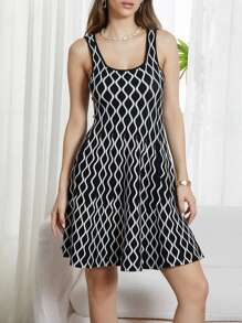 Women Summer Mini Tank Dress Sleeveless U Neck Pattern Print Cocktail Dress With Pockets - 黑色 - 查看 3