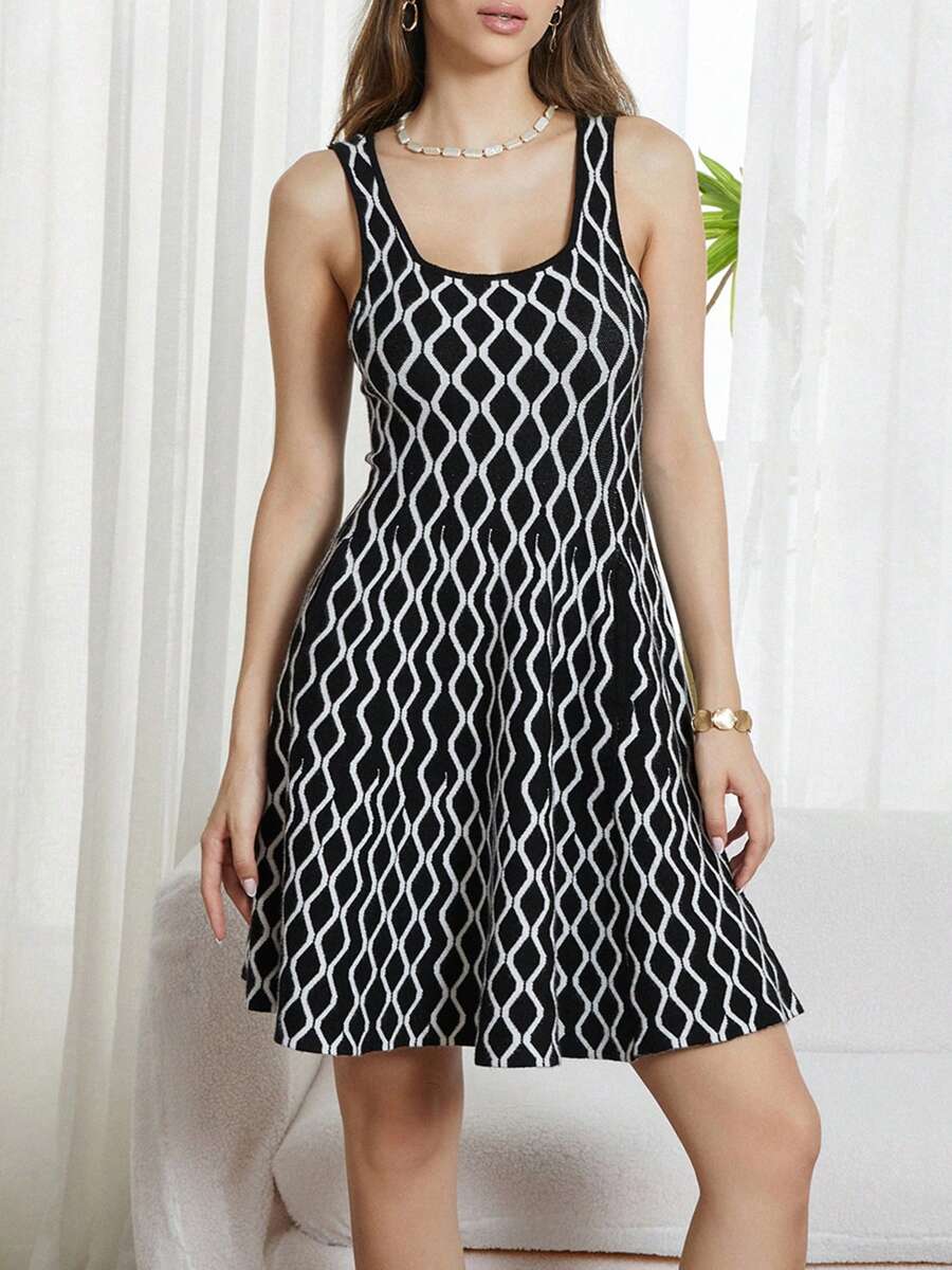 Women Summer Mini Tank Dress Sleeveless U Neck Pattern Print Cocktail Dress With Pockets