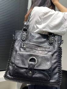女款時尚復古手提包 Y2K 辣妹機車包 大容量多口袋斜挎包 哥德龐克風單肩包 - 黑色 - 查看 3