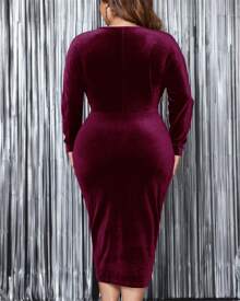 Women's Plus Size Velvet Dress Solid Color Long Sleeve V-Neck Bodycon Dress Formal Prom Gowns - Red - View 8