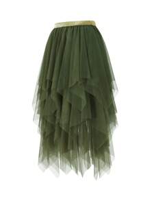 Women Fashion Midi Skirts Contrast Color/Solid Color Elastic High Waist Irregular Ruffles Multi-Layered Tulle Tutu Skirts - 綠色 - 查看 9