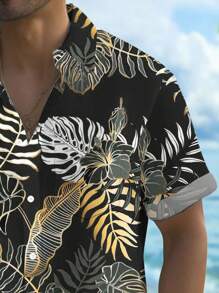 大码男式夏威夷热带花卉 3D 印花纽扣口袋短袖衬衫 - 黑色 - 查看 5