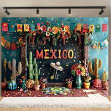 Festive Mexico Carnival Backdrop - Vibrant Flower & Stripe Design For May 5th, Birthday Parties & More - Polyester Photography Background,1PC - Multicolor - View 2