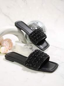 Luxury Women's Flat Sandals, Spring/Summer/Autumn 2024 Collection, Large Sizes, Non-Slip Low Heel Ladies Slippers, Stylish & Versatile For Vacation, Beach, Home, Waterproof With Rhinestone Decor