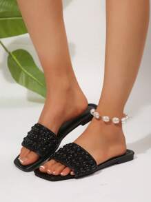Luxury Women's Flat Sandals, Spring/Summer/Autumn 2024 Collection, Large Sizes, Non-Slip Low Heel Ladies Slippers, Stylish & Versatile For Vacation, Beach, Home, Waterproof With Rhinestone Decor