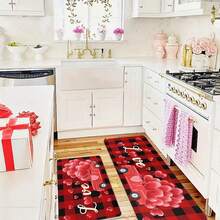 1/2 piezas Alfombra con tema del Día de San Valentín, alfombra de piso con patrón de camión rojo y globo con forma de corazón, alfombra de cocina a cuadros rojos y negros para cocina, sala de estar, dormitorio, decoración del hogar, decoración del Día de San Valentín, regalos del Día de San Valentín