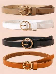 4pcs Women's Round Buckle Solid Color PU Leather Thin Waist Belt, Suitable For Pants, Jeans, Dresses, Coats, Daily Decor