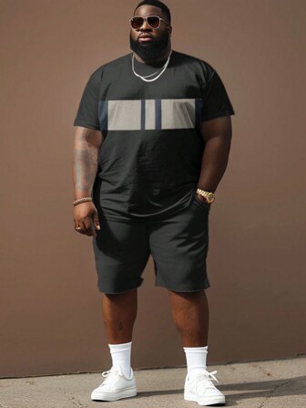 街头简约色块印花大码男士套装