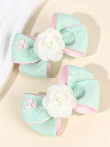 2pcs Green Bow Hair Clips, Suitable For Girls, Pink Tulle Rose & Mini Heart Decor Hair Clips, Satin Ribbon Alligator Clips, Teens Hair Accessories - Green - View 2