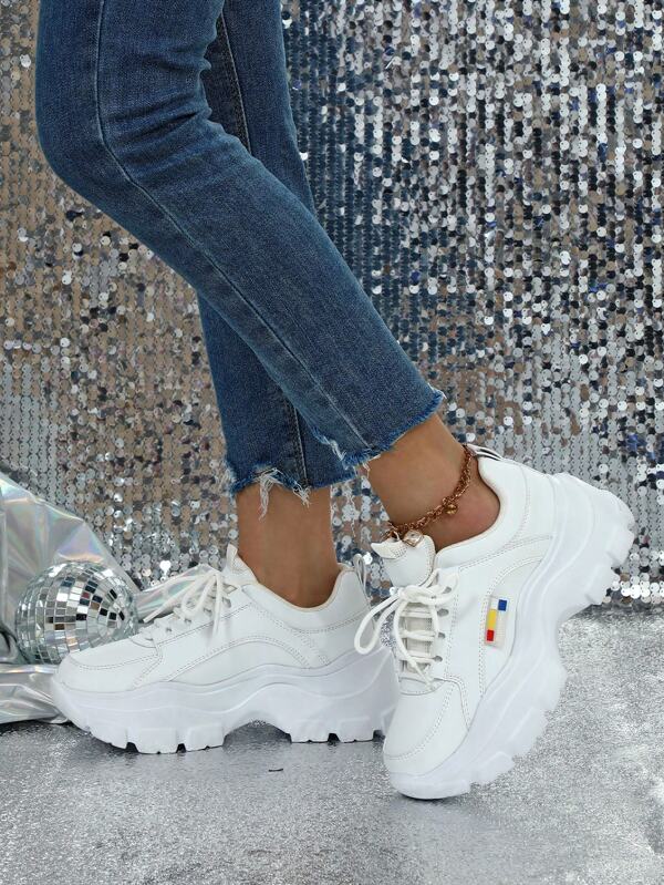 Women's White Vintage Fashion Casual Street Style Lace-Up Wedge Platform Chunky Sneakers, Suitable For Back To School, Parties, Celebrations