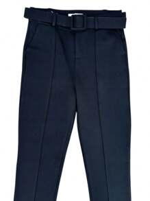 Straight Stretch Dress Pants With Belt And Center Seam. High Quality Fabric. Side Slit At Ankle. - Black - View 6