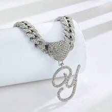 1PC Custom 26 Letter Necklace Cuban Chain With Cold Ice Chain Design Heart Shaped Letter Pendant Fashion Hip Hop Style Silver Jewelry Perfect Gift Creativity - Romantic 26 Cursive Letter Necklace - View 19