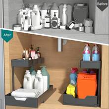 HOUSHELIF 2-Tier Under Sink Organizers, Sliding L-Shape Cabinet Organizers Narrow Space Storage Multi-Purpose Sink Organizer For Bathroom Kitchen Drawer.