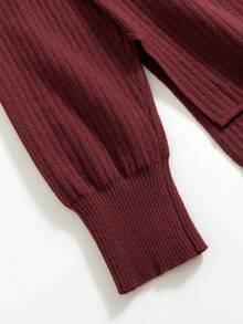 Autumn Winter Two Pieces Women Rib Sweater Tracksuit Knit Warm Pants Set - Burgundy - View 7