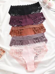 5 pièces/Paquet Culottes triangulaires sans couture en dentelle de couleur unie, sous-vêtements sexy et romantiques pour dames