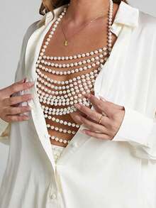 1pc European And American Style Accessories, Sexy Vacation Style, Faux Pearl Bra, Clothing Chain, Bikini Chain, Body Chain, Handmade Bead Hollow Backless Body Chain, Women's Shirt With Multiple Layers Of Bead Chains, Underwear Vest