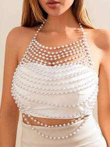 1pc European And American Style Accessories, Sexy Vacation Style, Faux Pearl Bra, Clothing Chain, Bikini Chain, Body Chain, Handmade Bead Hollow Backless Body Chain, Women's Shirt With Multiple Layers Of Bead Chains, Underwear Vest