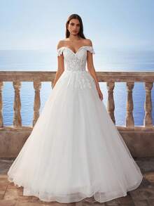 Victoria 优雅露肩浪漫仙女蕾丝和薄纱 A 字形及地长婚纱，白色，自然花园婚礼派对