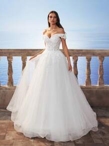 Victoria 优雅露肩浪漫仙女蕾丝和薄纱 A 字形及地长婚纱，白色，自然花园婚礼派对