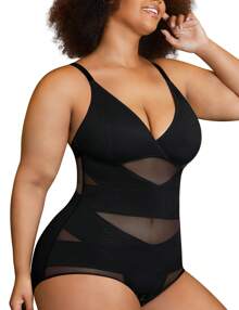 Nebility Plus Size Bodysuit Shapewear For Women Tummy Control Body Shaper Waist Trainer Butt Lifter V Neck Bra Jumpsuit Top - màu đen - Xem 2