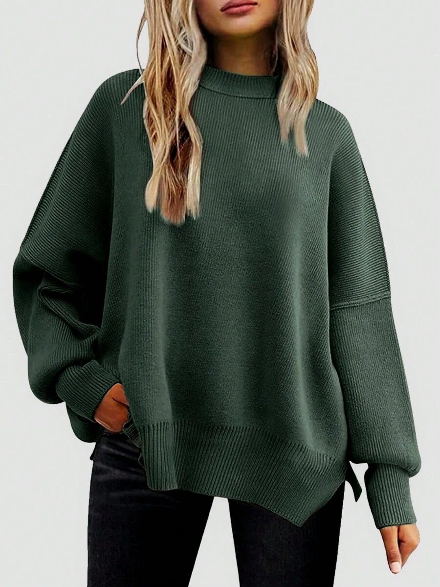 Plus Size Women's Dropped Shoulder Round Neck Long Sleeve Loose Knit Sweater, Autumn/Winter