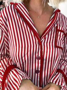 Womens Striped Christmas Pajama Set Satin Tie Up Knot Puff Long Sleeve Button-Up V-Neck Cropped Shirt + Drawstring Waist Long Pants 2 Piece Sleepwear Xmas Holiday Party Clothes Loungewear Outfit - Đỏ - Xem 4