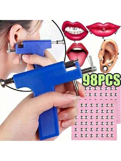 Kit profissional para piercing de orelha, 1 pistola para piercing de orelha, 98 brincos de aço inoxidável, 1 caneta marcadora e 1 espelho, pistola para piercing de orelha de aço inoxidável para nariz, orelha, umbigo e lábios