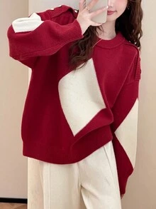 Alicedudu 女士节日菱形图案纽扣肩部设计圆领红色毛衣，适合中国新年和圣诞节 - 紅色 - 查看 1