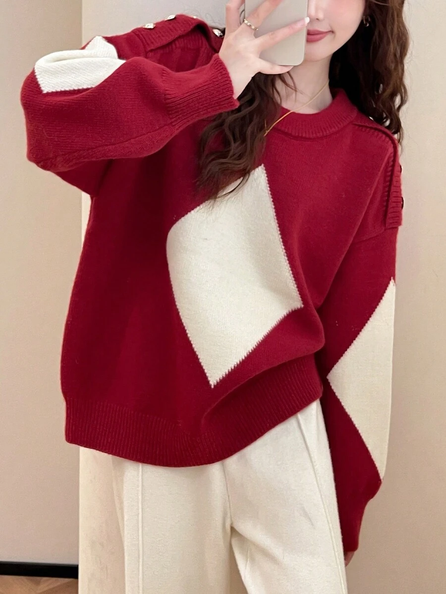 Alicedudu 女士节日菱形图案纽扣肩部设计圆领红色毛衣,适合中国新年和圣诞节 - 紅色 - 查看 1